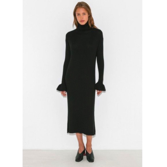 ULLA JOHNSON Black Noir Claude Alpaca Knit Ruffle Cuff Turtleneck Dress Sz S